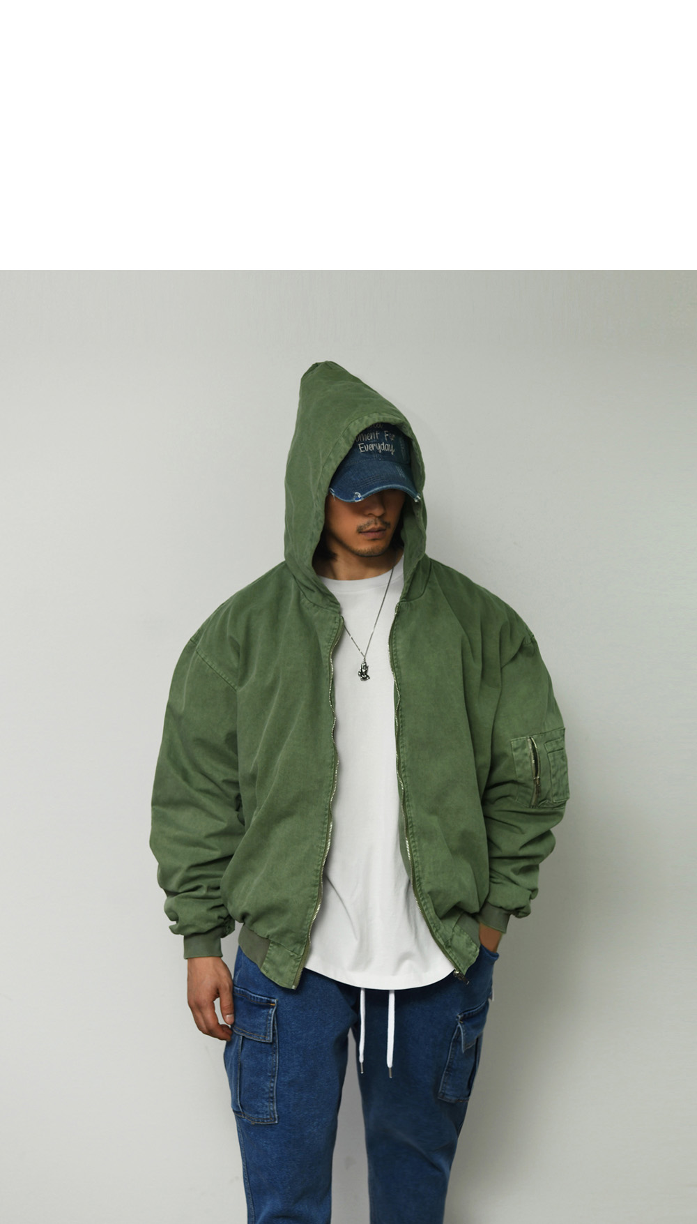 Mens Pigment Hood Shirring Military Flight Bomber Jumper Jacket By
